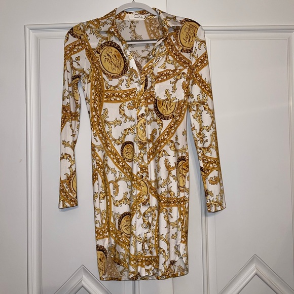 Gold and White Button Down Mini Dress - Picture 1 of 2